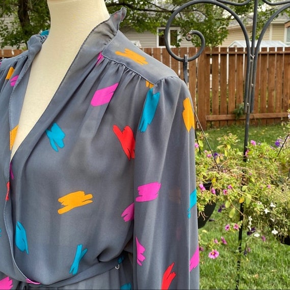 Vintage Faux Wrap Dress Paint Splatter Semi Sheer