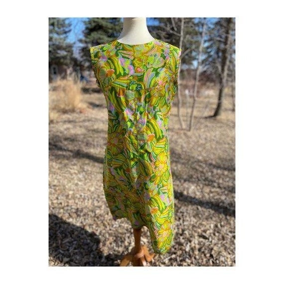 Vintage 60s Hawaiian Dress Psychedelic Cotton Sat… - image 1