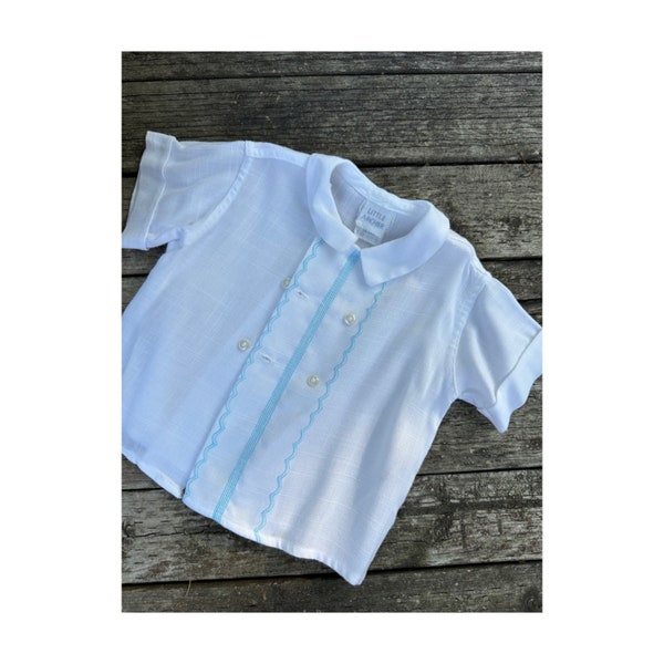 60s Little Archer Boys Dress Shirt 100% Rayon Peter Pan Collar Short Sleeve Button up White Blue Sz XL