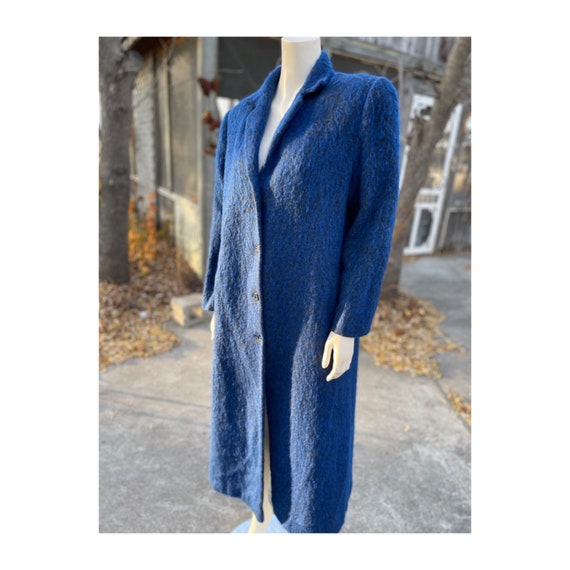 80s Blue Wool Mohair Coat Trench Longline Satin L… - image 3