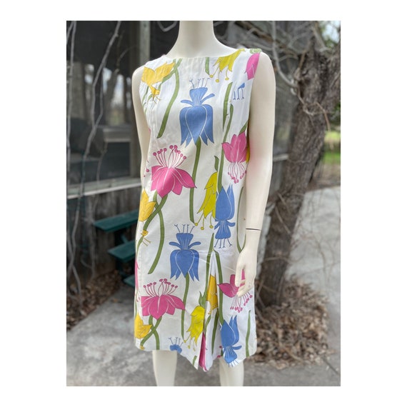 50s 60s Shift Dress Pastel Floral Novelty Print S… - image 2