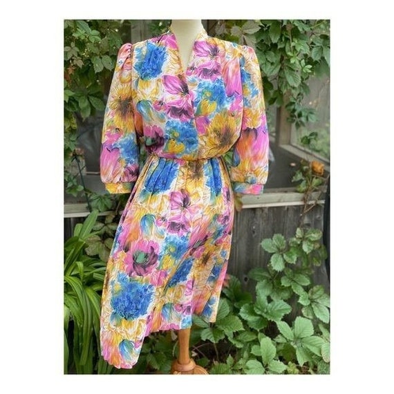 80s Leslie Belle Watercolor Print Blouson Dress B… - image 1