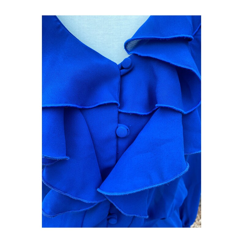 Blue Sheer Dress 70s Waterfall Ruffle Collar Union Label
