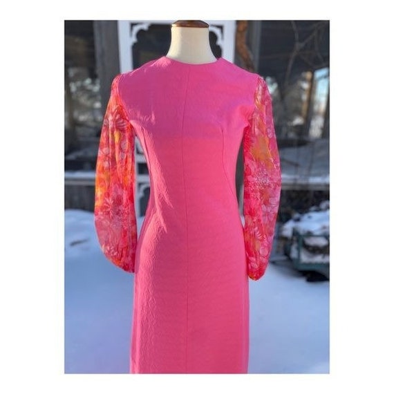 Vintage 70s Maxi Dress Hot Pink Sheer Floral Neon… - image 2