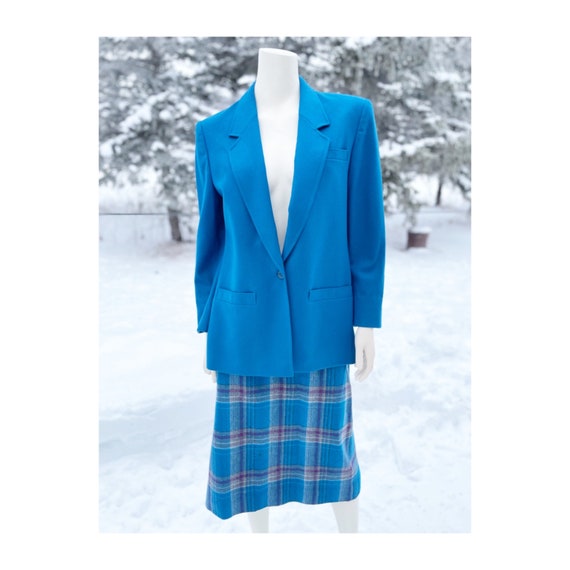 Vintage 80s Wool Skirt Suit Teal Boxy Blazer Tart… - image 6