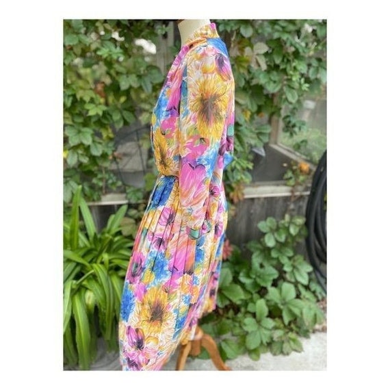 80s Leslie Belle Watercolor Print Blouson Dress B… - image 9