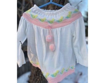 Vintage Pastel Fine Knit Off Shoulder Sweater Pom Pom Neck Ties Baby Duck 24M