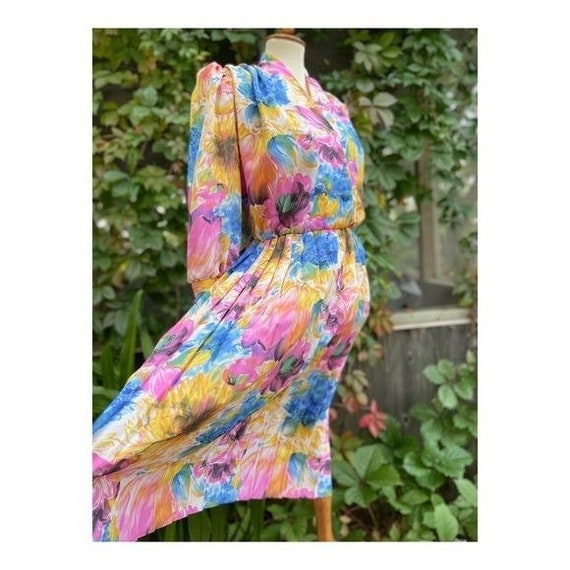 80s Leslie Belle Watercolor Print Blouson Dress B… - image 7