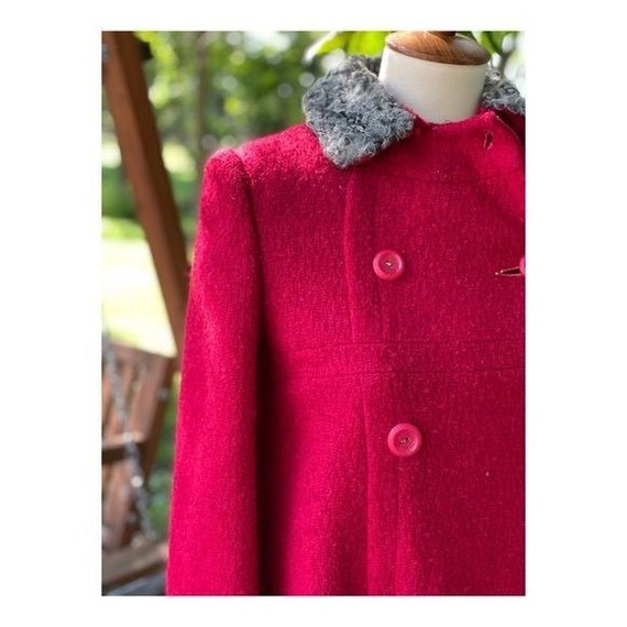 Vintage 60s Red Wool Pea Coat Persian Fur Collar - image 2