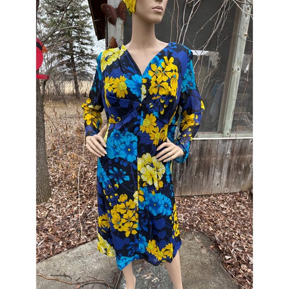 70s Blue Floral Silk Midi Dress: Long Sheer Sleeve, Flutter Cuff - Main Image