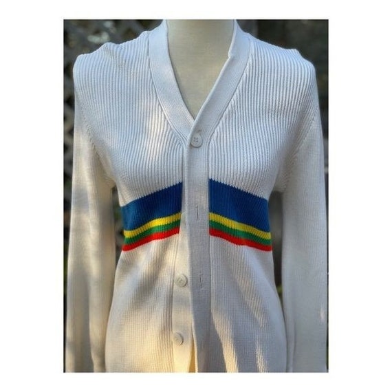 Vintage 70s Cable Knit Cardigan Sweater Rainbow S… - image 4