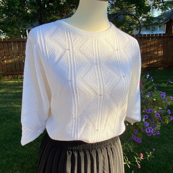 Vintage Chevron Knit Sweater Pearls Short Sleeve
