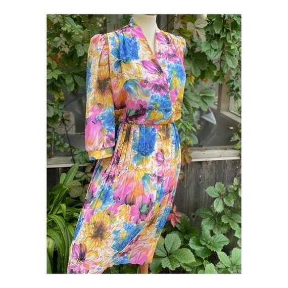 80s Leslie Belle Watercolor Print Blouson Dress B… - image 4