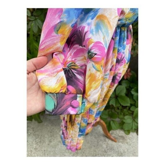 80s Leslie Belle Watercolor Print Blouson Dress B… - image 10