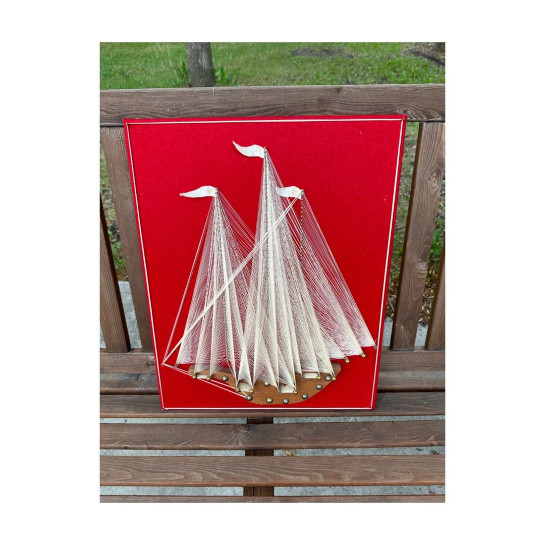 MCM | 70s Clipper Ship Sailboat String Art Red Felt Wood Frame 20