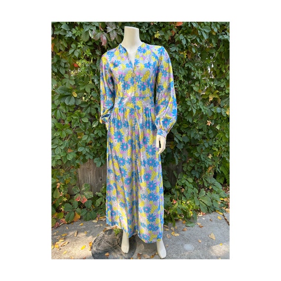 60s 70s Satin Flower Power Maxi Dress Pastel Bish… - image 1