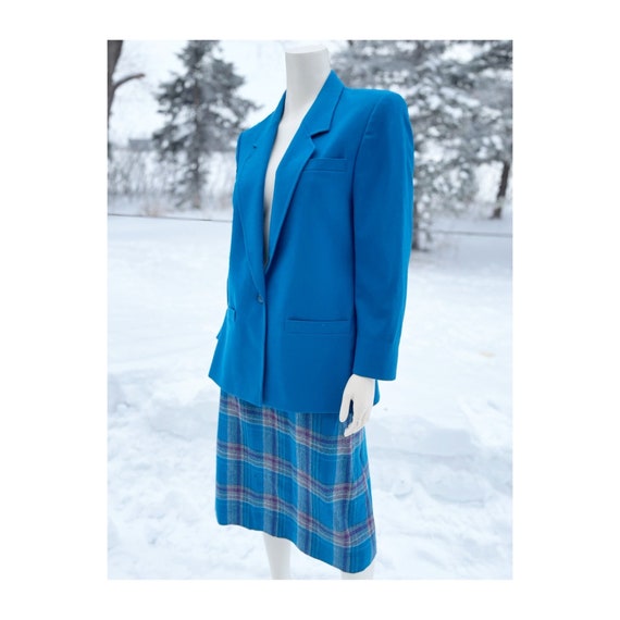 Vintage 80s Wool Skirt Suit Teal Boxy Blazer Tart… - image 5