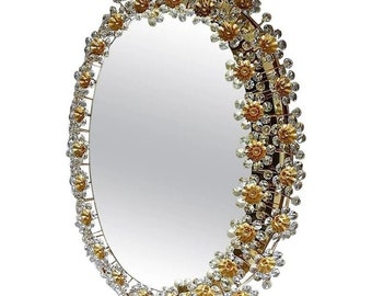 Palwa Backlit Flower Wall Mirror Oval Gilt Faceted Crystal Glass 1970s Mid Century Hollywood Regency