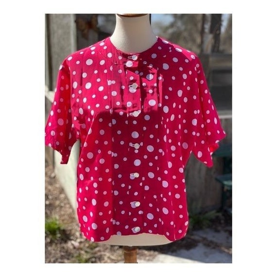 Vintage 50s Pink Polka Dot Blouse Pleat Polkadot … - image 1