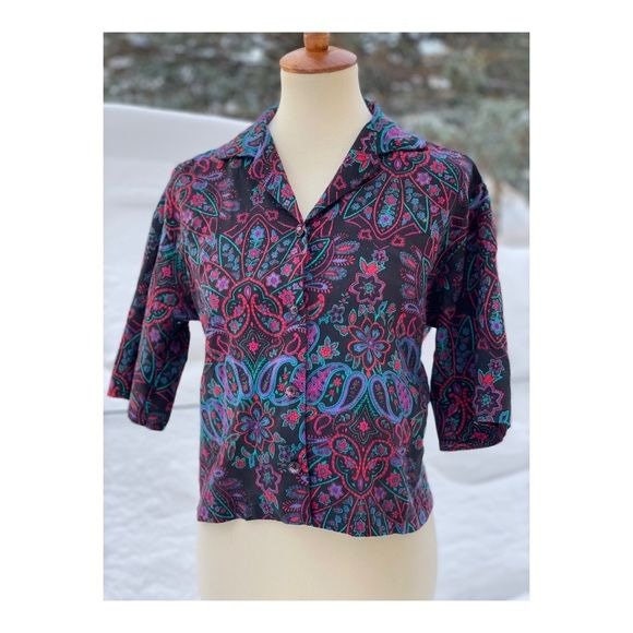 Vintage Crop Blouse Psychedelic Floral Paisley Print Jewel Buttons Sz S/M