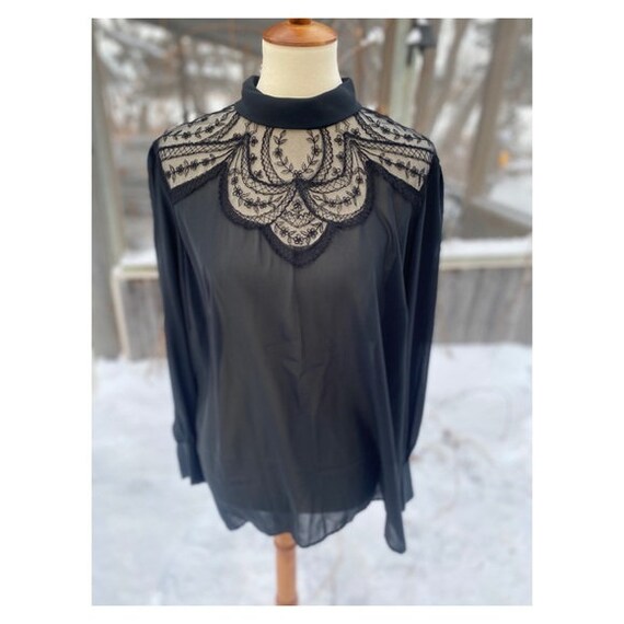 Vintage Sheer Black Blouse Lace Shoulders Keyhole