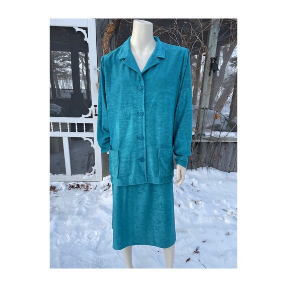 Vintage 60s Teal Knit Skirt Suit Set Blazer Handm… - image 2