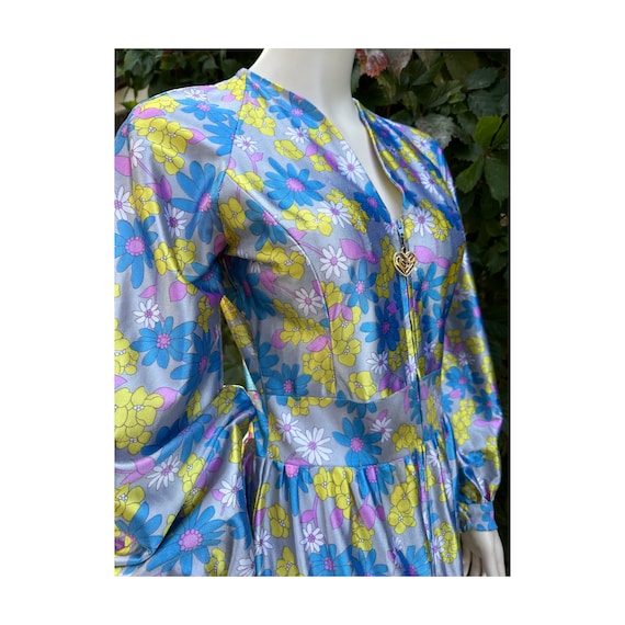 60s 70s Satin Flower Power Maxi Dress Pastel Bish… - image 10