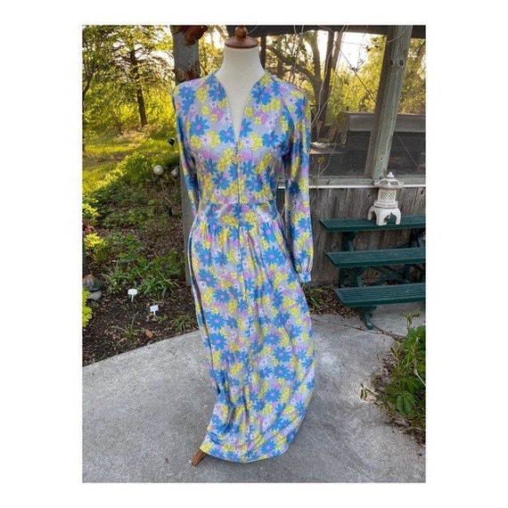 60s 70s Satin Flower Power Maxi Dress Pastel Bish… - image 3