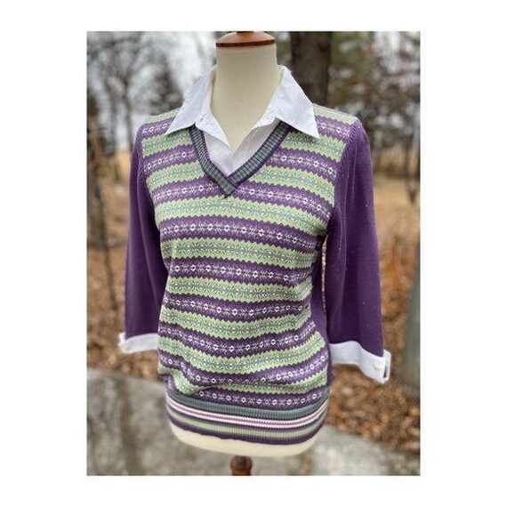 gracefullilyvintage Vintage 90s Does 50s Van Heusen Sweater Set 3/4 Sleeve Sz M Stripes Purple Green White