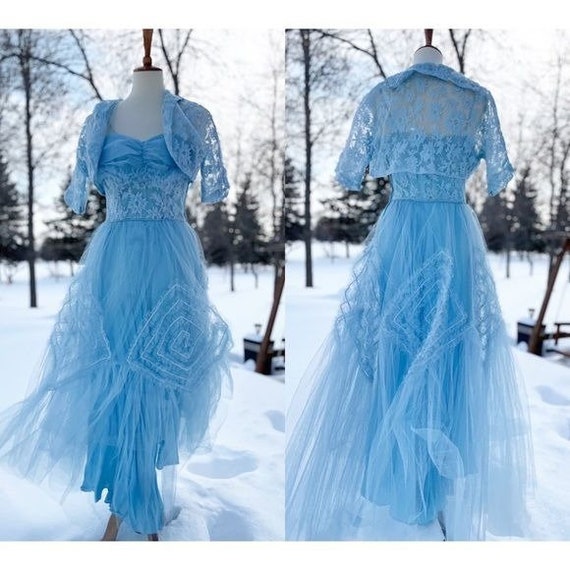 True Vintage 1950s Prom Dress Maxi Sky Blue Tulle… - image 1