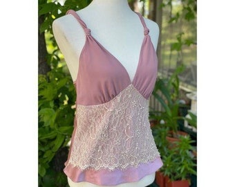 90s Vintage Cerie Camisole Tank Top Lace Satin Dusty Rose Sz S