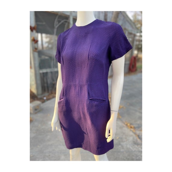 Vintage 50s Purple Waffle Knit Shift Dress Short … - image 5