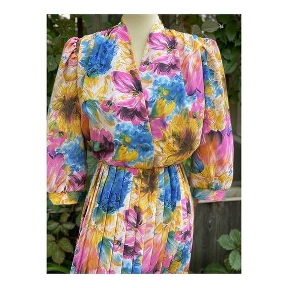 80s Leslie Belle Watercolor Print Blouson Dress B… - image 2