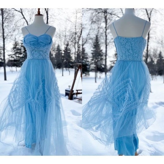 True Vintage 1950s Prom Dress Maxi Sky Blue Tulle… - image 2