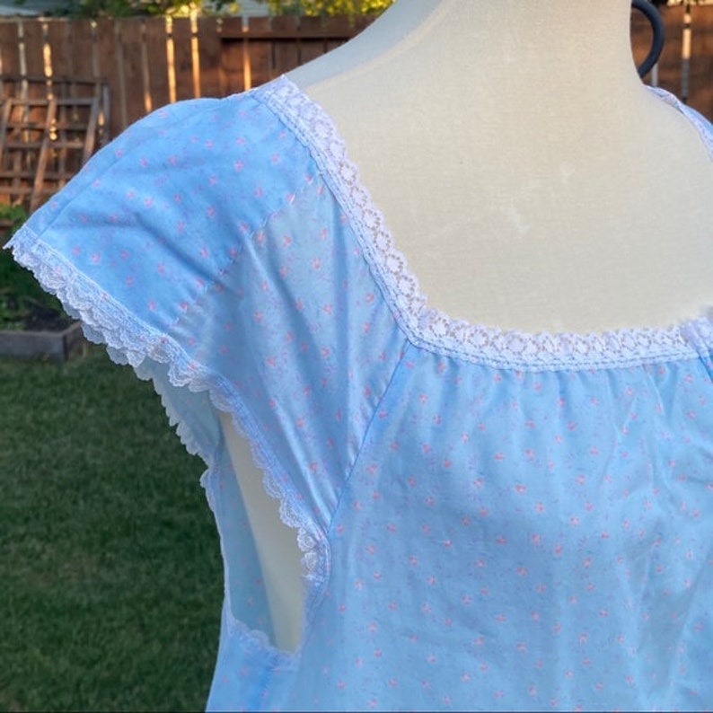 Vintage Nightgown Baby Blue Pink Floral Lace Trim Floor Length Etsy