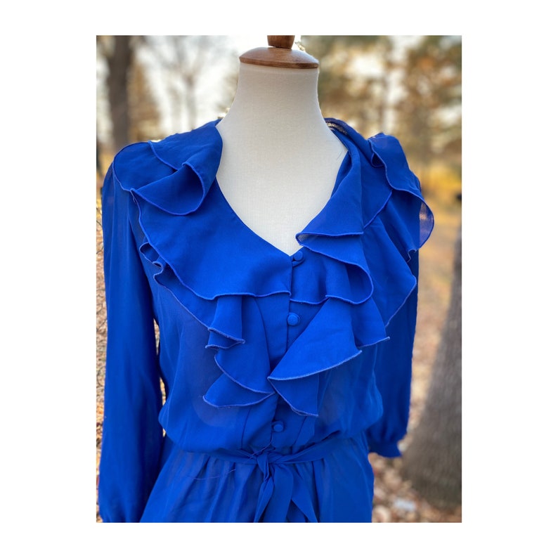 Blue Sheer Dress 70s Waterfall Ruffle Collar Union Label