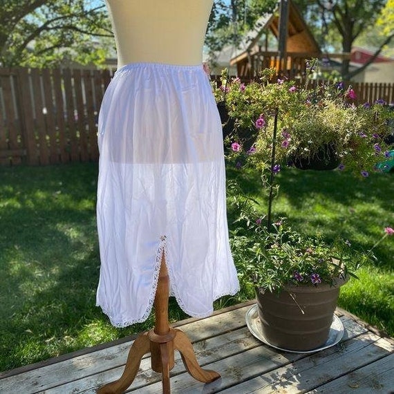 Vintage 70s White Midi Slip Skirt Lace Rose Detai… - image 1