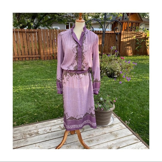 Vintage Day Dress 1970s Pleated Belted Purple