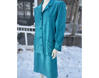 vintage 60s Teal Knit Jupe Costume Set Blazer Handmade Deco Boutons Princess Shoulder Sz 2X