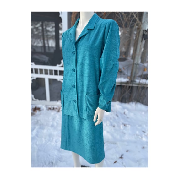 Vintage 60s Teal Knit Skirt Suit Set Blazer Handm… - image 1