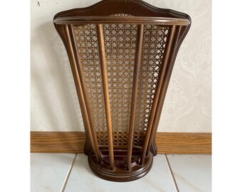 Vintage Wood & Vienna Straw Umbrella Stand Midcentury Rattan Woven 50s 60s Wall Mount