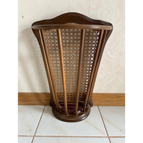 Vintage Wood & Vienna Straw Umbrella Stand Midcentury Rattan Woven 50s 60s Wall Mount