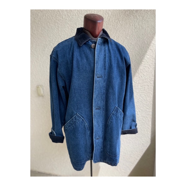 Lands End Vintage 90s Denim Barn Coat Chore Jacket Plaid Lining Corduroy Collar Cuffs Sz L