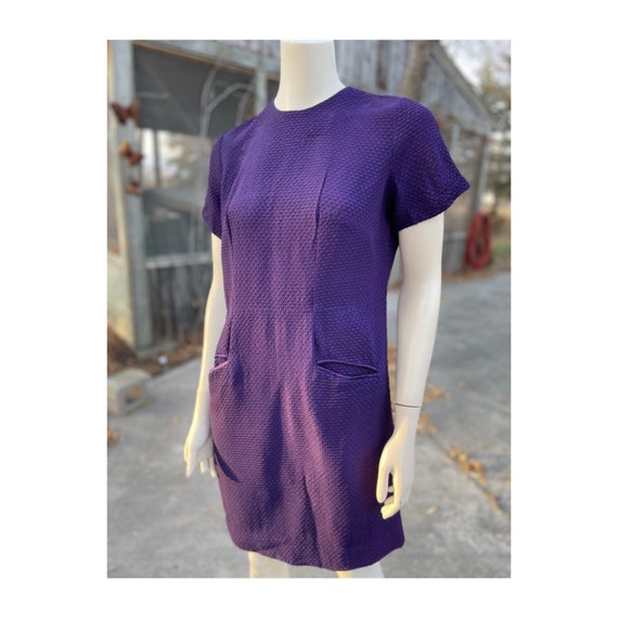 Vintage 50s Purple Waffle Knit Shift Dress Short … - image 1