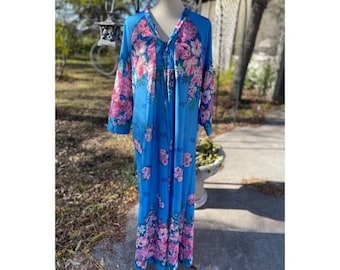 70s 80s DiCarlo of CA Kaftan Robe Dress Floral Blue Pink Boho Cottagecore Sz XL