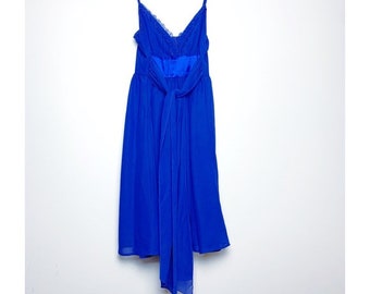 Vintage 90s Fire Los Angeles Babydoll Dress Electric Blue Retro Sash Lace Trim Chiffon Layered