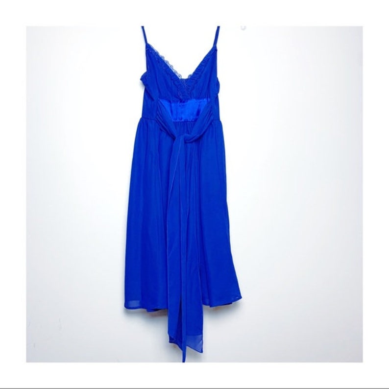 Vintage 90s Fire Los Angeles Babydoll Dress Electric Blue Retro Sash Lace Trim Chiffon Layered
