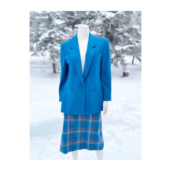 Vintage 80s Wool Skirt Suit Teal Boxy Blazer Tart… - image 1