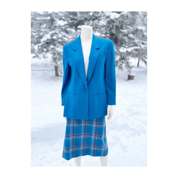 Vintage 80s Wool Skirt Suit Teal Boxy Blazer Tartan Plaid Midi Skirt Sz 12