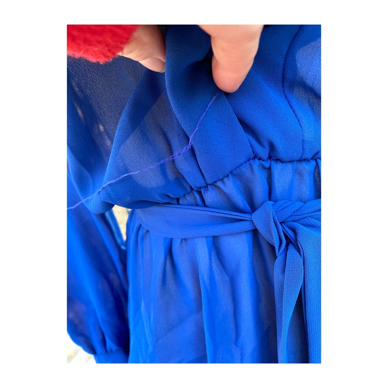 Blue Sheer Dress 70s Waterfall Ruffle Collar Union Label